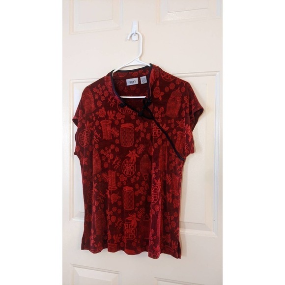 Chico's Red & Black Asian Inspired Cap Short Sleeved Shirt, Size 3 - Picture 2 of 9
